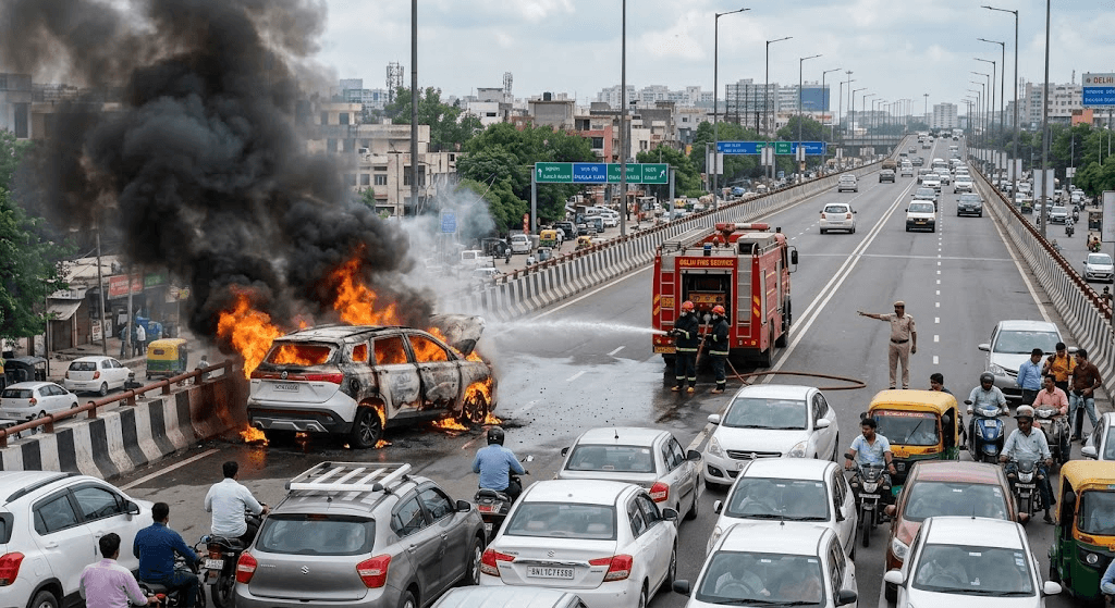 Moving MG Hector Catches Fire on Delhi’s Dhaula Kuan Flyover Moving MG Hector Catches Fire on Delhi’s Dhaula Kuan Flyover