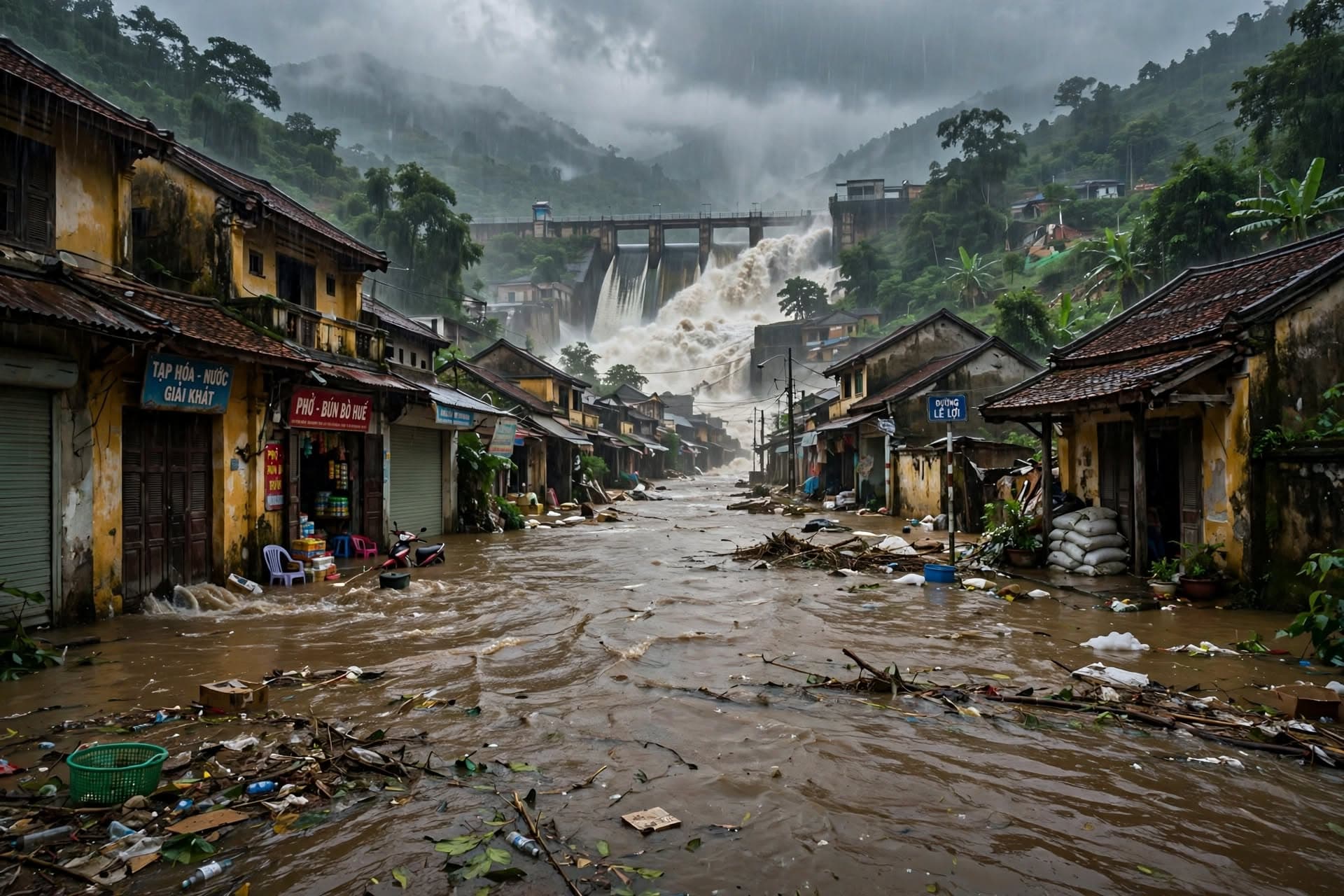 Continuous Downpour Causes Reservoir Spillover, Inundating Towns, Flooding Homes Across Central Vietnam Today Continuous Downpour Causes Reservoir Spillover, Inundating Towns, Flooding Homes Across Central Vietnam Today