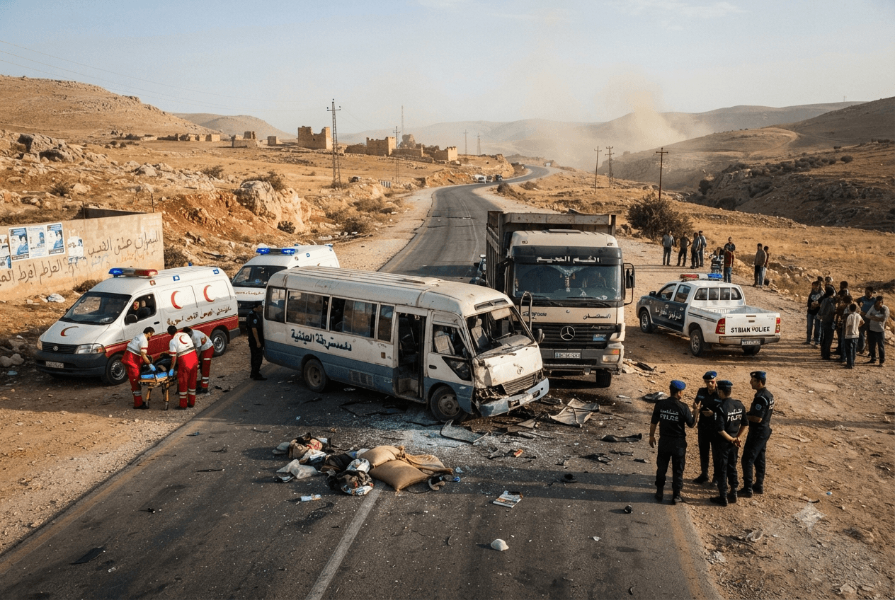 Rural Highway Crash Kills Four People: Mini-Bus Collision Triggers Emergency Response in Hama Rural Highway Crash Kills Four People: Mini-Bus Collision Triggers Emergency Response in Hama