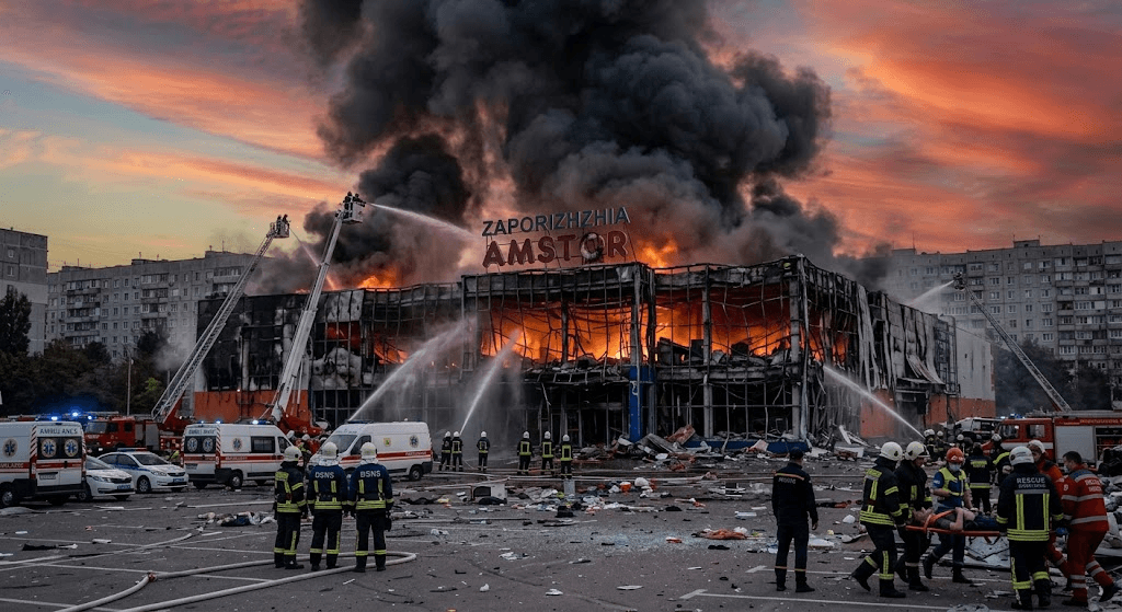 Inferno in Zaporizhzhia: Ukrainian Shopping Center Engulfed in Flames Following Devastating Russian Strike Inferno in Zaporizhzhia: Ukrainian Shopping Center Engulfed in Flames Following Devastating Russian Strike