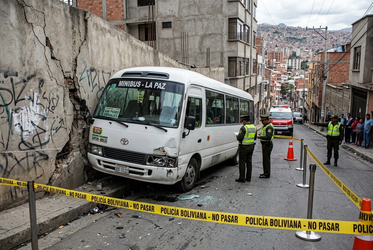 Brake Failure Causes Crash: Public Minibus Slams Into Residential Wall in Steep La Paz Neighborhood Brake Failure Causes Crash: Public Minibus Slams Into Residential Wall in Steep La Paz Neighborhood