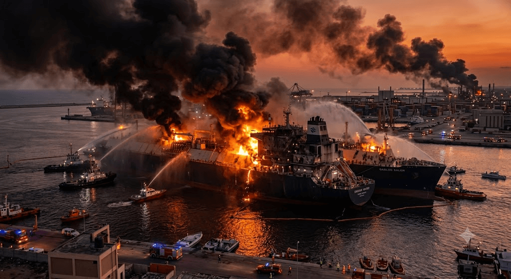 Energy Crosshairs: Drone Strike Ignites Fire on Gas Storage Tanker in Egypt Energy Crosshairs: Drone Strike Ignites Fire on Gas Storage Tanker in Egypt
