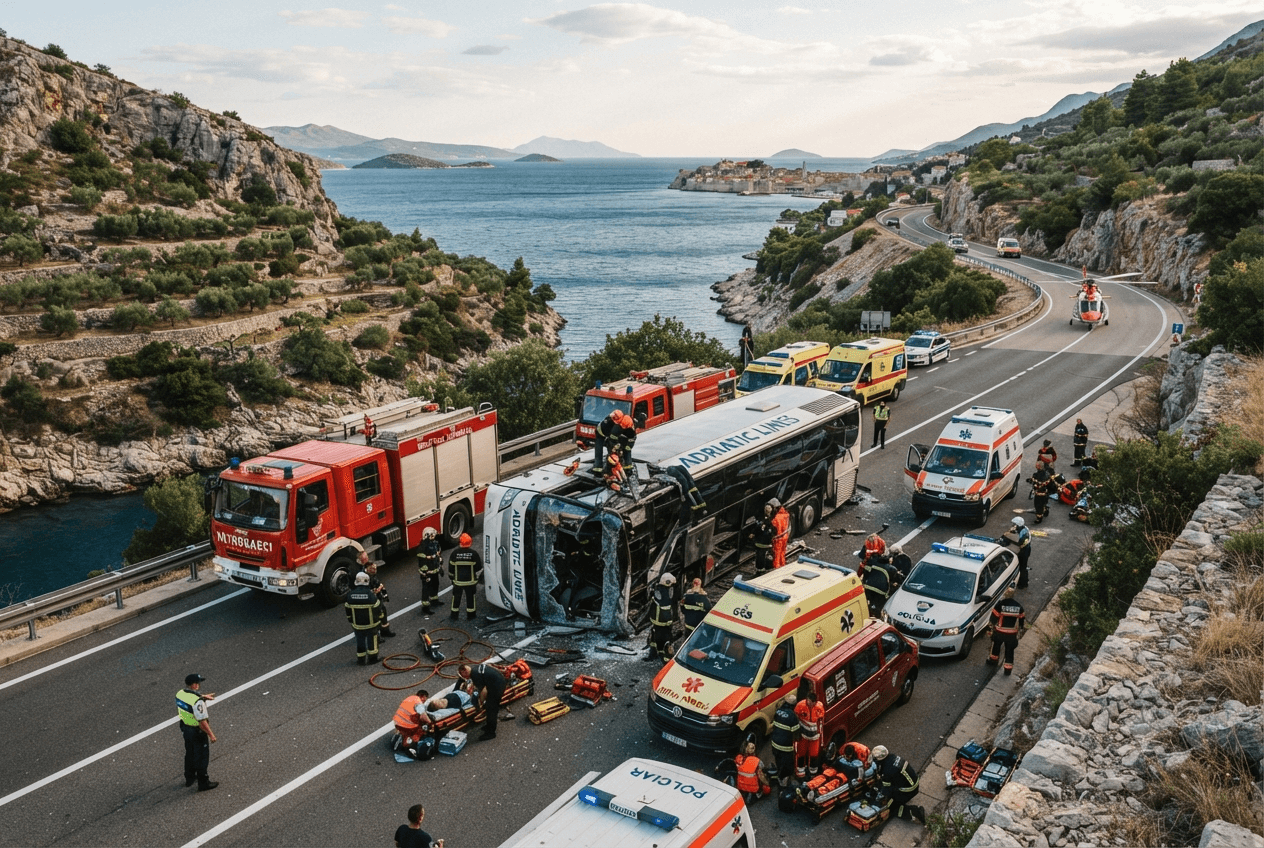 Coastal Highway Tragedy: Tourist Bus Overturns Near Split, Resulting in Two Fatalities Coastal Highway Tragedy: Tourist Bus Overturns Near Split, Resulting in Two Fatalities