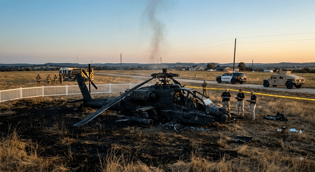 Tragedy in Central Texas: Military Attack Helicopter Crashes and Bursts into Flames, Killing 2 Pilots Tragedy in Central Texas: Military Attack Helicopter Crashes and Bursts into Flames, Killing 2 Pilots