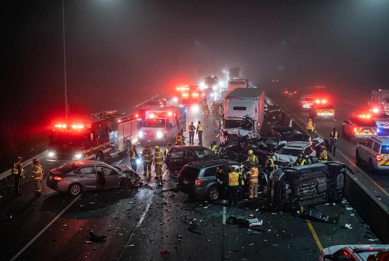 Foggy Highway Chain Crash: One Driver Dead and Twelve Hospitalized in Ontario Pileup Foggy Highway Chain Crash: One Driver Dead and Twelve Hospitalized in Ontario Pileup