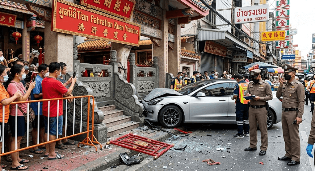 Chaos on Yaowarat Road: Electric Car Smashes into Sacred Tian Fah Shrine Chaos on Yaowarat Road: Electric Car Smashes into Sacred Tian Fah Shrine