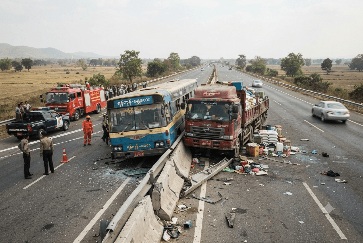 Expressway Head-On Collision: Passenger Bus And Truck Crash Leaves Five Dead Along Yangon-Mandalay Route Expressway Head-On Collision: Passenger Bus And Truck Crash Leaves Five Dead Along Yangon-Mandalay Route