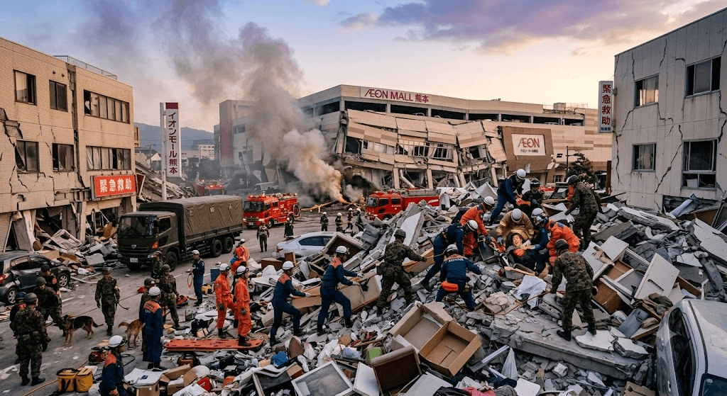 Race Against Time: 7.1-Magnitude Earthquake Rattles Kumamoto, Leaving 13 Dead and Dozens Trapped Race Against Time: 7.1-Magnitude Earthquake Rattles Kumamoto, Leaving 13 Dead and Dozens Trapped
