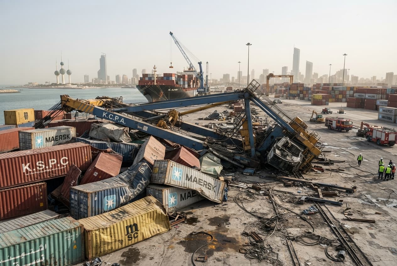 Kuwait Port Accident: Massive Cargo Crane Drop Crushes Freight Containers and Halts Terminal Operations Kuwait Port Accident: Massive Cargo Crane Drop Crushes Freight Containers and Halts Terminal Operations