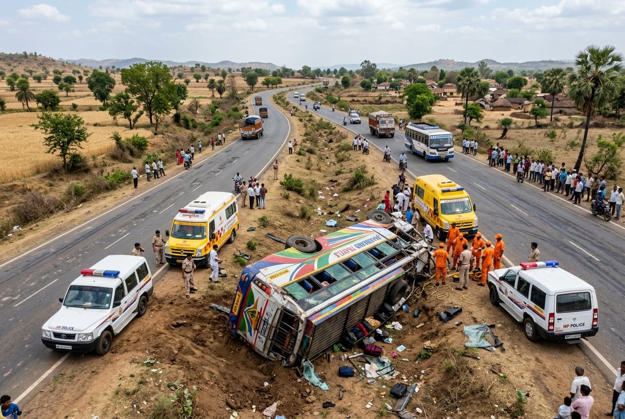 Highway Collision Fatalities: Bus Falls Into Ditch After Tanker Crash In Madhya Pradesh Highway Collision Fatalities: Bus Falls Into Ditch After Tanker Crash In Madhya Pradesh