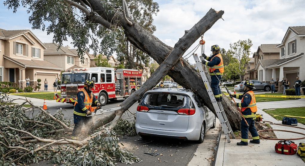 Santa Ana Winds Strike: Woman Injured After Massive Tree Crushes Minivan in Santa Clarita Santa Ana Winds Strike: Woman Injured After Massive Tree Crushes Minivan in Santa Clarita
