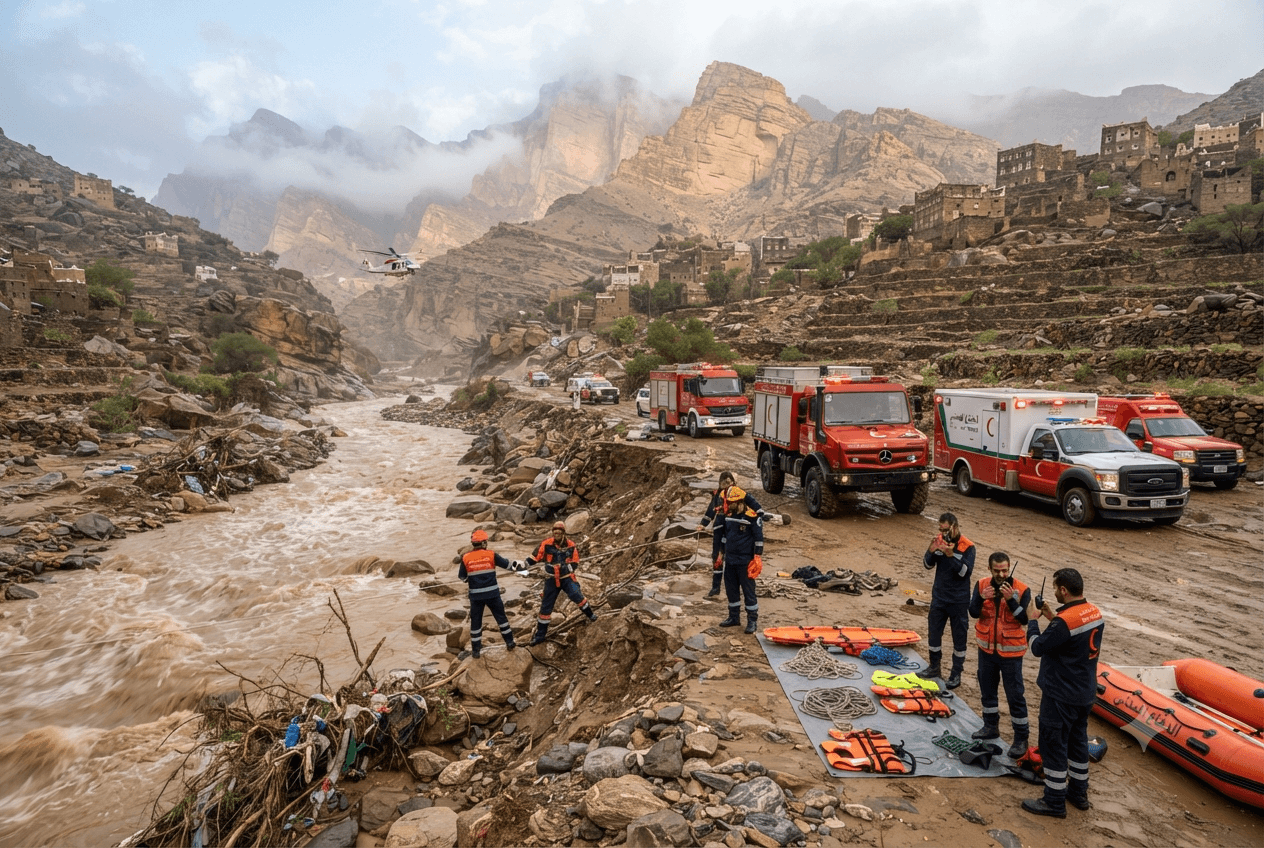 Flash Flood Disaster Kills Four in Asir: Raging Waters Sweep Away Vehicles During Severe Storms Flash Flood Disaster Kills Four in Asir: Raging Waters Sweep Away Vehicles During Severe Storms