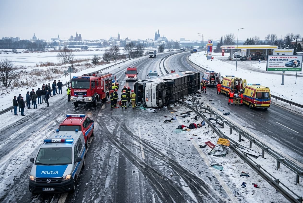 Deadly Bus Crash Near Wroclaw: Intercity Bus Overturns on Icy Highway, Two Dead, Fourteen Injured Deadly Bus Crash Near Wroclaw: Intercity Bus Overturns on Icy Highway, Two Dead, Fourteen Injured