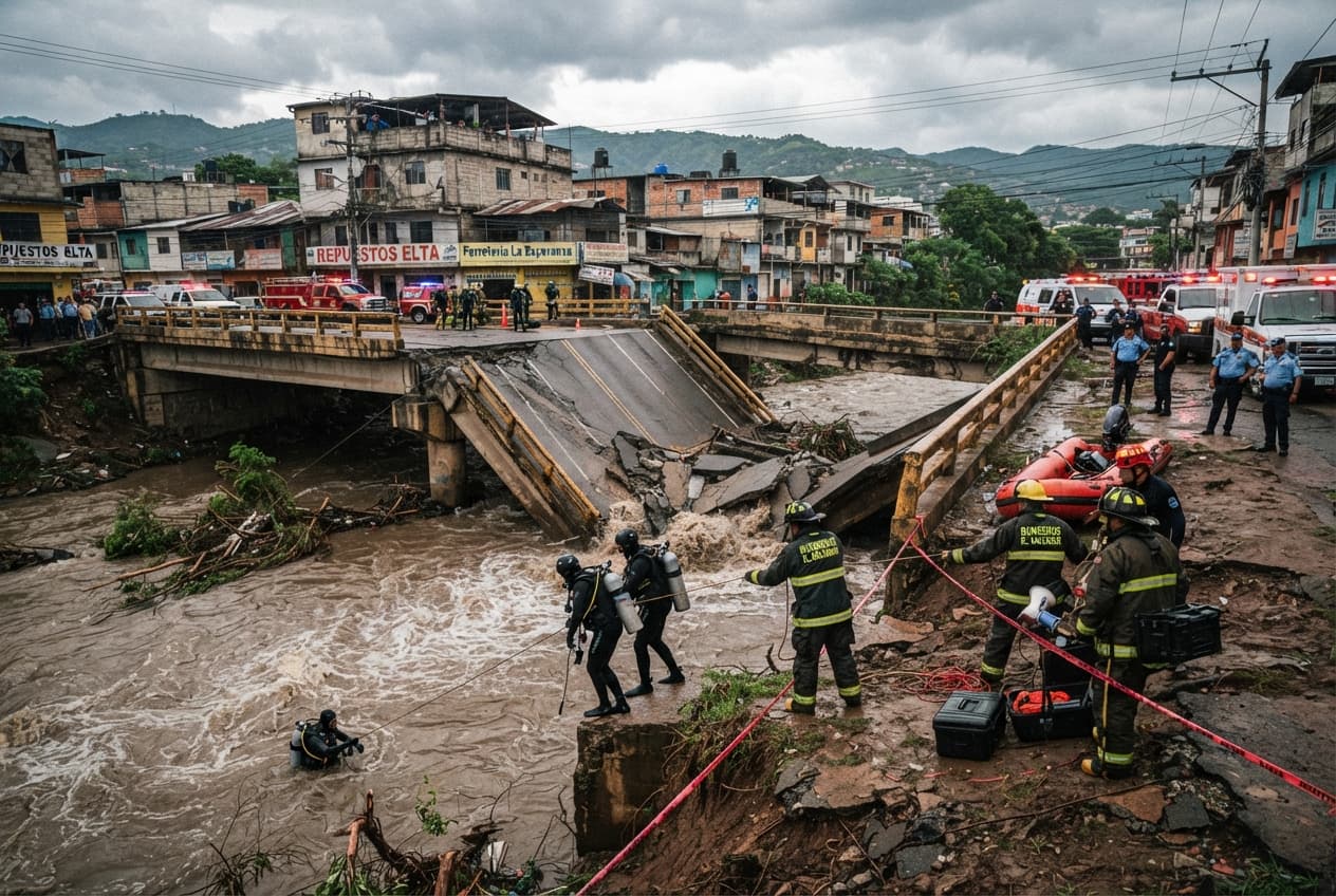 El Salvador Bridge Failure: Three Killed As Flooded River Sweeps Vehicle Away in Capital Sector El Salvador Bridge Failure: Three Killed As Flooded River Sweeps Vehicle Away in Capital Sector