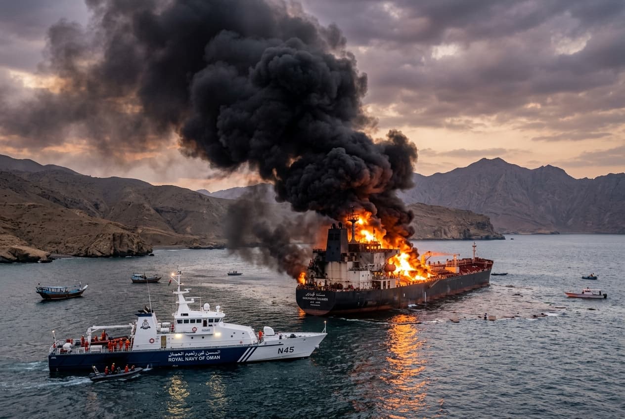 Oil Tanker Catches Fire, Explodes in Strait of Hormuz After Hitting Mine, Crew Rescued Oil Tanker Catches Fire, Explodes in Strait of Hormuz After Hitting Mine, Crew Rescued