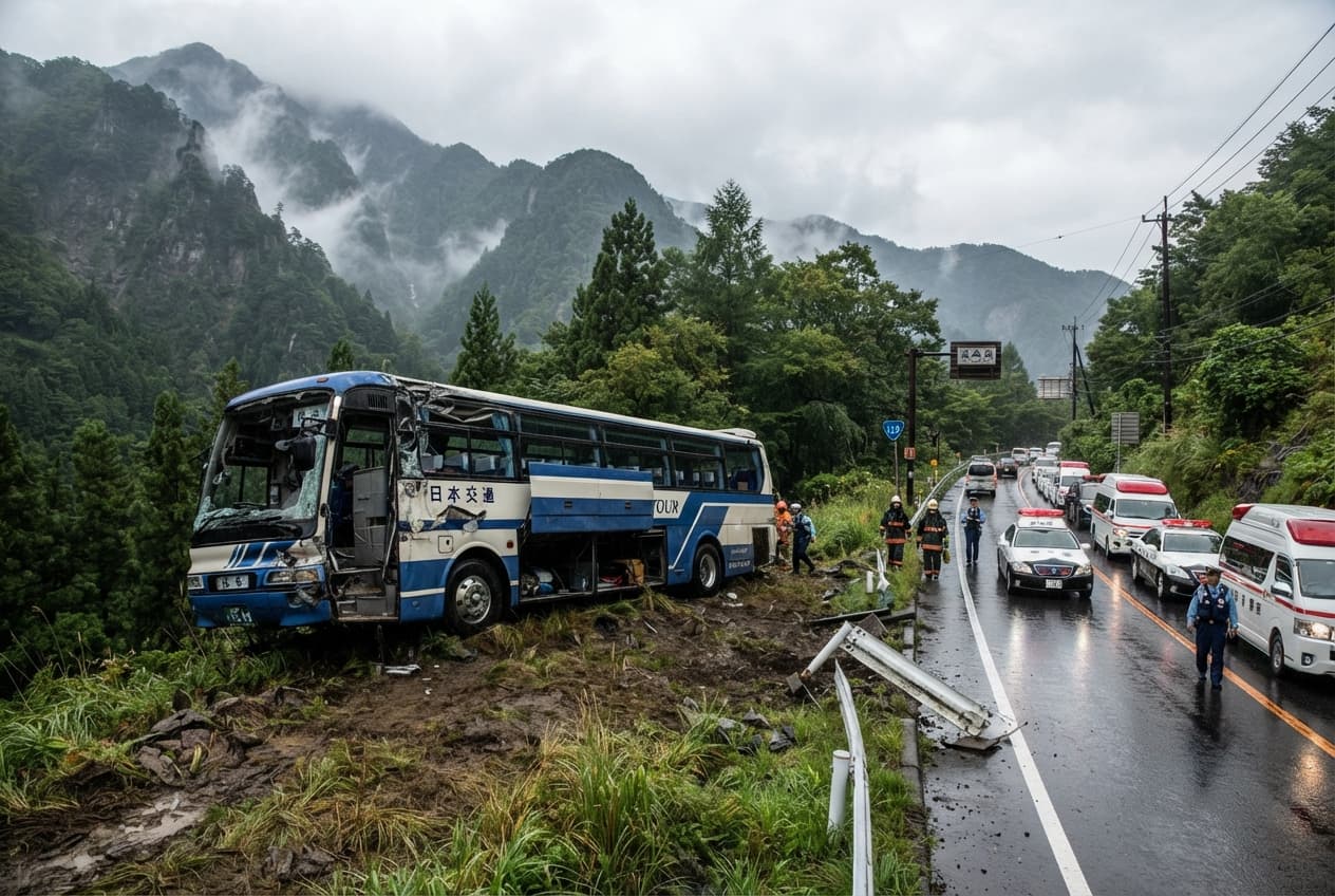 Nagano Mountain Highway Disaster: Tourist Bus Skids Off Wet Road, Leaving One Dead Nagano Mountain Highway Disaster: Tourist Bus Skids Off Wet Road, Leaving One Dead