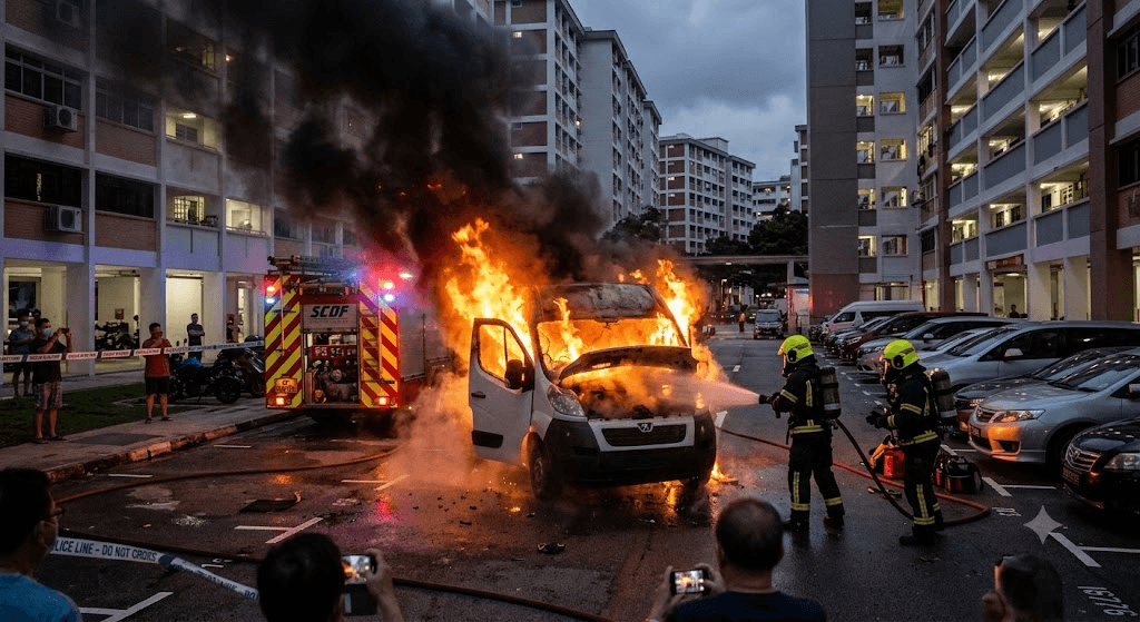 Blaze at Pasir Ris: Van Engine Explodes into Flames at HDB Carpark Blaze at Pasir Ris: Van Engine Explodes into Flames at HDB Carpark