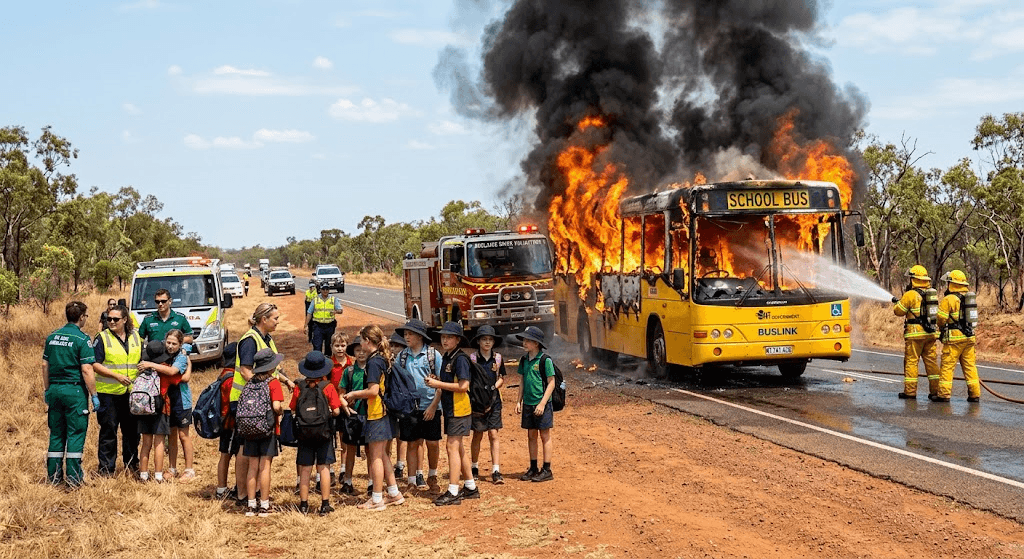 Terror on the Highway: School Bus Bursts into Flames with Over a Dozen Children Near Adelaide River Terror on the Highway: School Bus Bursts into Flames with Over a Dozen Children Near Adelaide River