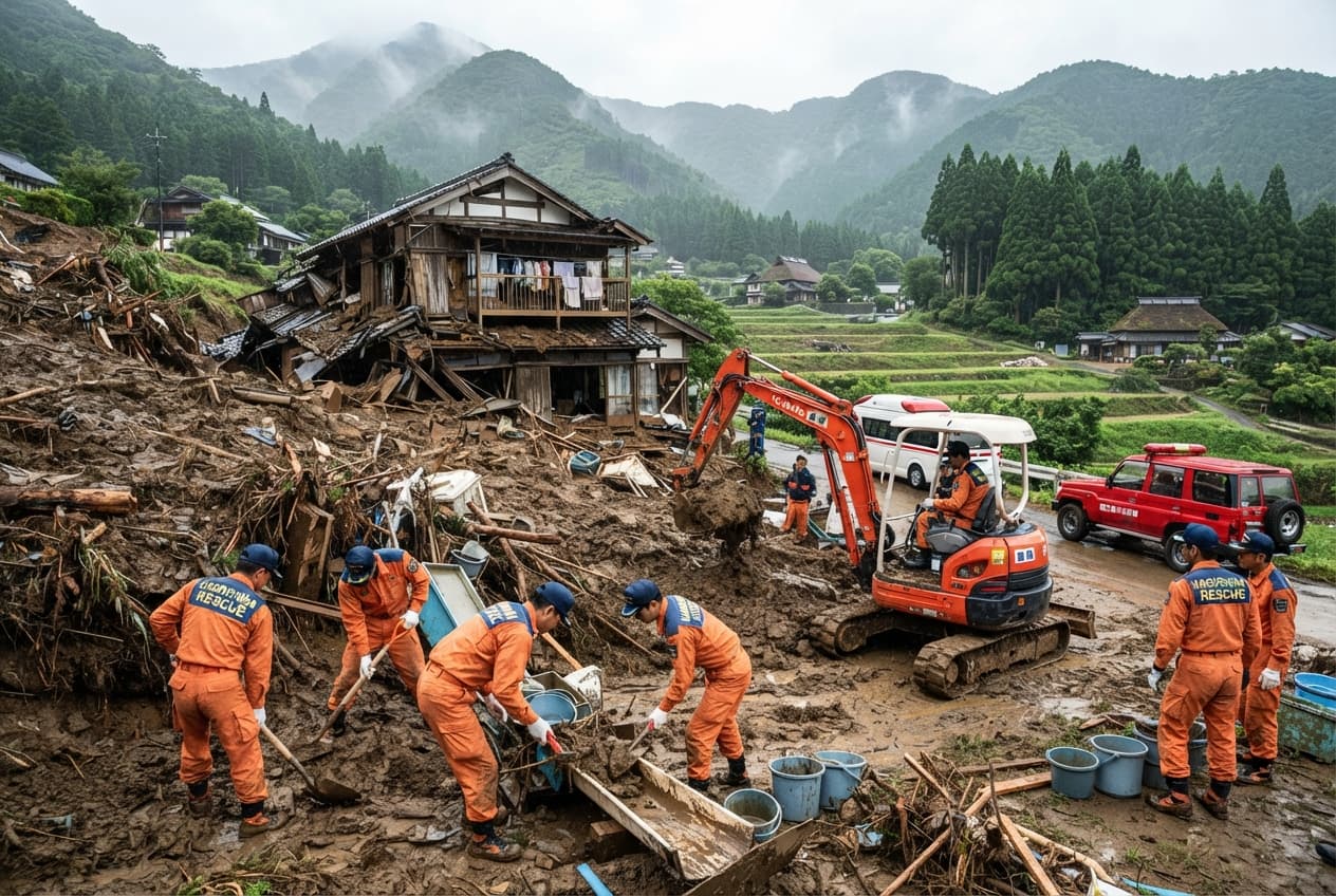 Heavy Rainfall Disaster Kagoshima: Landslide Buries Home Trapping Three People in Rural District Heavy Rainfall Disaster Kagoshima: Landslide Buries Home Trapping Three People in Rural District