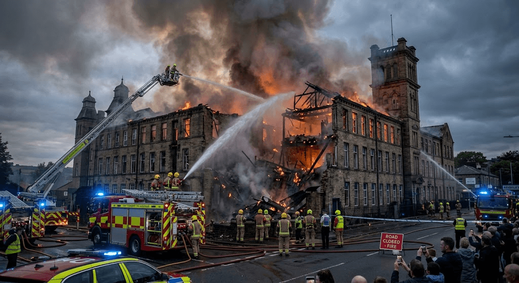 Inferno Engulfs Historic Dalton Mills in Keighley as Firefighters Battle Massive Blaze Inferno Engulfs Historic Dalton Mills in Keighley as Firefighters Battle Massive Blaze
