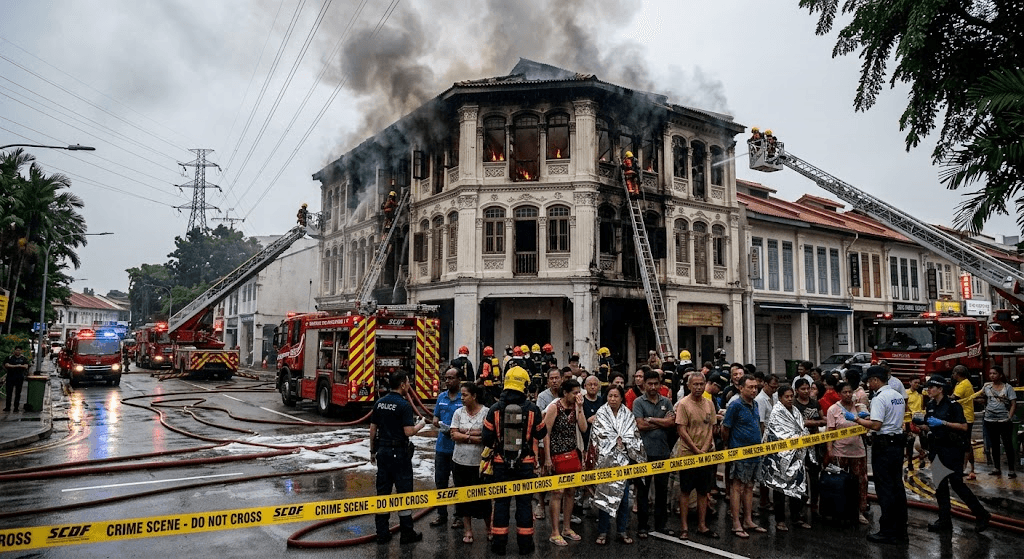 Morning Inferno: 40 Evacuated as Blaze Rips Through Serangoon Shophouse Morning Inferno: 40 Evacuated as Blaze Rips Through Serangoon Shophouse