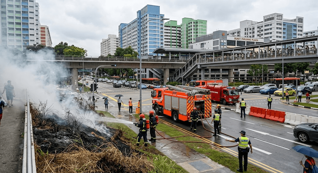 Vegetation Fire Breaks Out Near Bukit Panjang Junction, Prompting Emergency Response Vegetation Fire Breaks Out Near Bukit Panjang Junction, Prompting Emergency Response