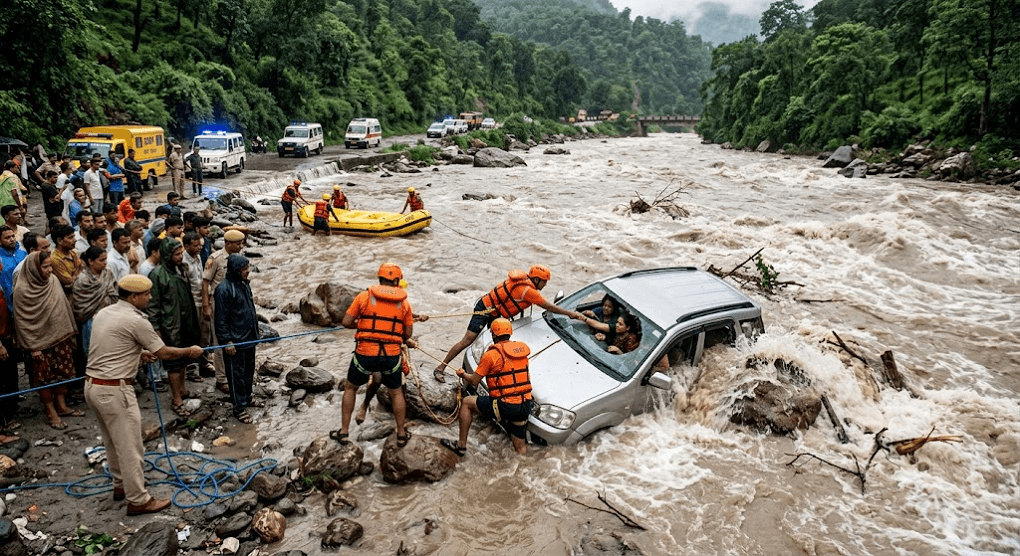 Trapped in the Rapids: Flash Flood Sweeps Vehicle into Rishikesh's Swollen River Trapped in the Rapids: Flash Flood Sweeps Vehicle into Rishikesh's Swollen River