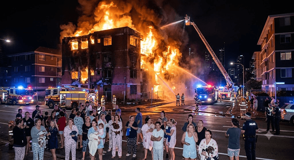 Midnight Terror: 50 Gold Coast Residents Evacuated as Abandoned Building Erupts in Flames Midnight Terror: 50 Gold Coast Residents Evacuated as Abandoned Building Erupts in Flames