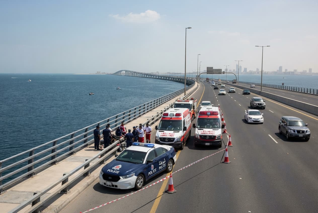 Causeway Traffic Disaster: Multi-Car Pileup on King Fahd Link Kills One and Injures Several Causeway Traffic Disaster: Multi-Car Pileup on King Fahd Link Kills One and Injures Several