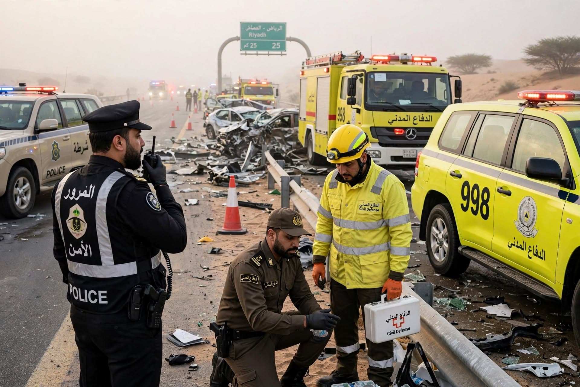 Three Dead After Multi Vehicle Collision In Desert Fog On Highway, Emergency Crews Respond Near Riyadh Three Dead After Multi Vehicle Collision In Desert Fog On Highway, Emergency Crews Respond Near Riyadh