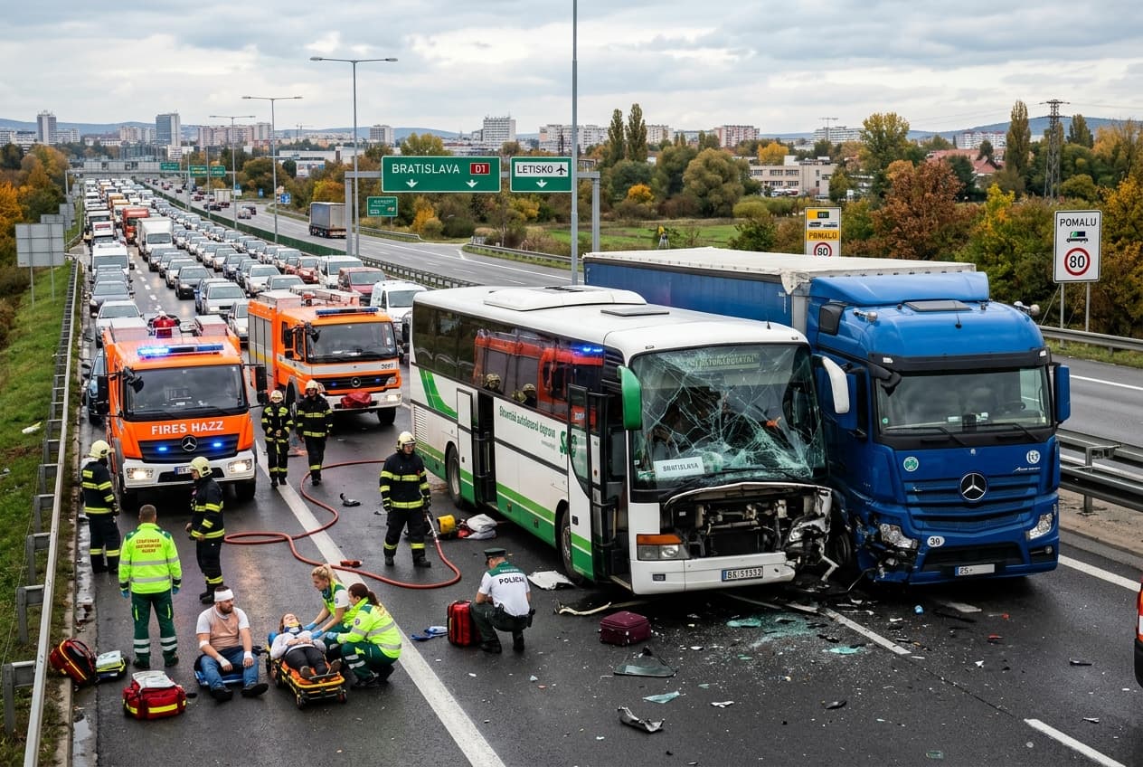 Highway Crash Outside Bratislava: Passenger Bus Hits Lorry, Eight Injured, Emergency Crews Rush to Free Passengers Highway Crash Outside Bratislava: Passenger Bus Hits Lorry, Eight Injured, Emergency Crews Rush to Free Passengers