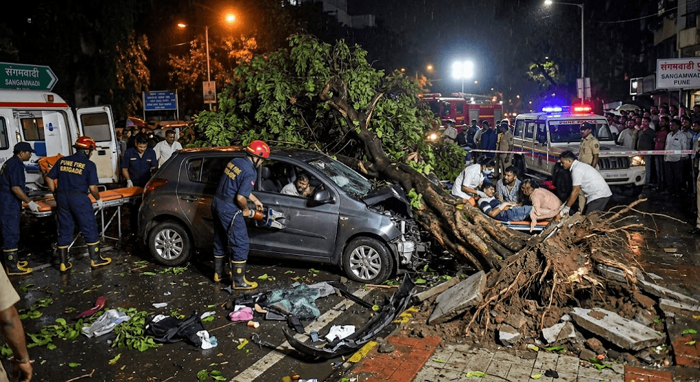 Pune Midnight Crash: Speeding Car Uproots Tree, Leaving 2 Injured in Suspected Drunk Driving Incident Pune Midnight Crash: Speeding Car Uproots Tree, Leaving 2 Injured in Suspected Drunk Driving Incident