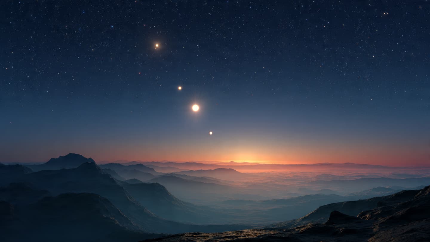 Three Distant Worlds Gather Quietly Above the Evening Horizon