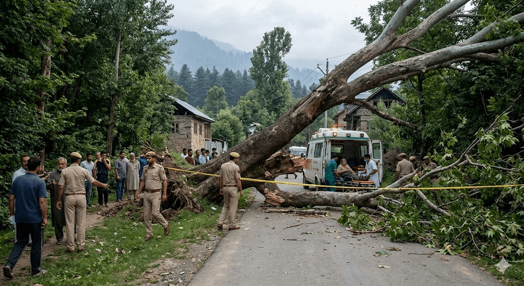 Tragedy in Anantnag: Husband Killed, Wife Critically Injured After Massive Tree Crushes Couple Tragedy in Anantnag: Husband Killed, Wife Critically Injured After Massive Tree Crushes Couple