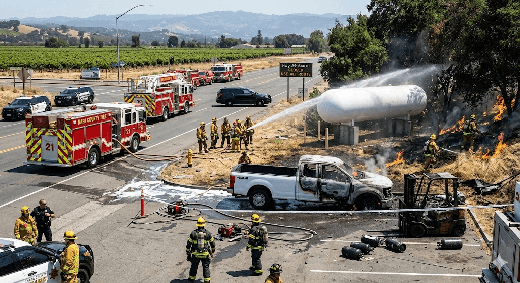 Explosive Threat: Propane Tank Truck Catches Fire, Forcing Closures in Napa Explosive Threat: Propane Tank Truck Catches Fire, Forcing Closures in Napa