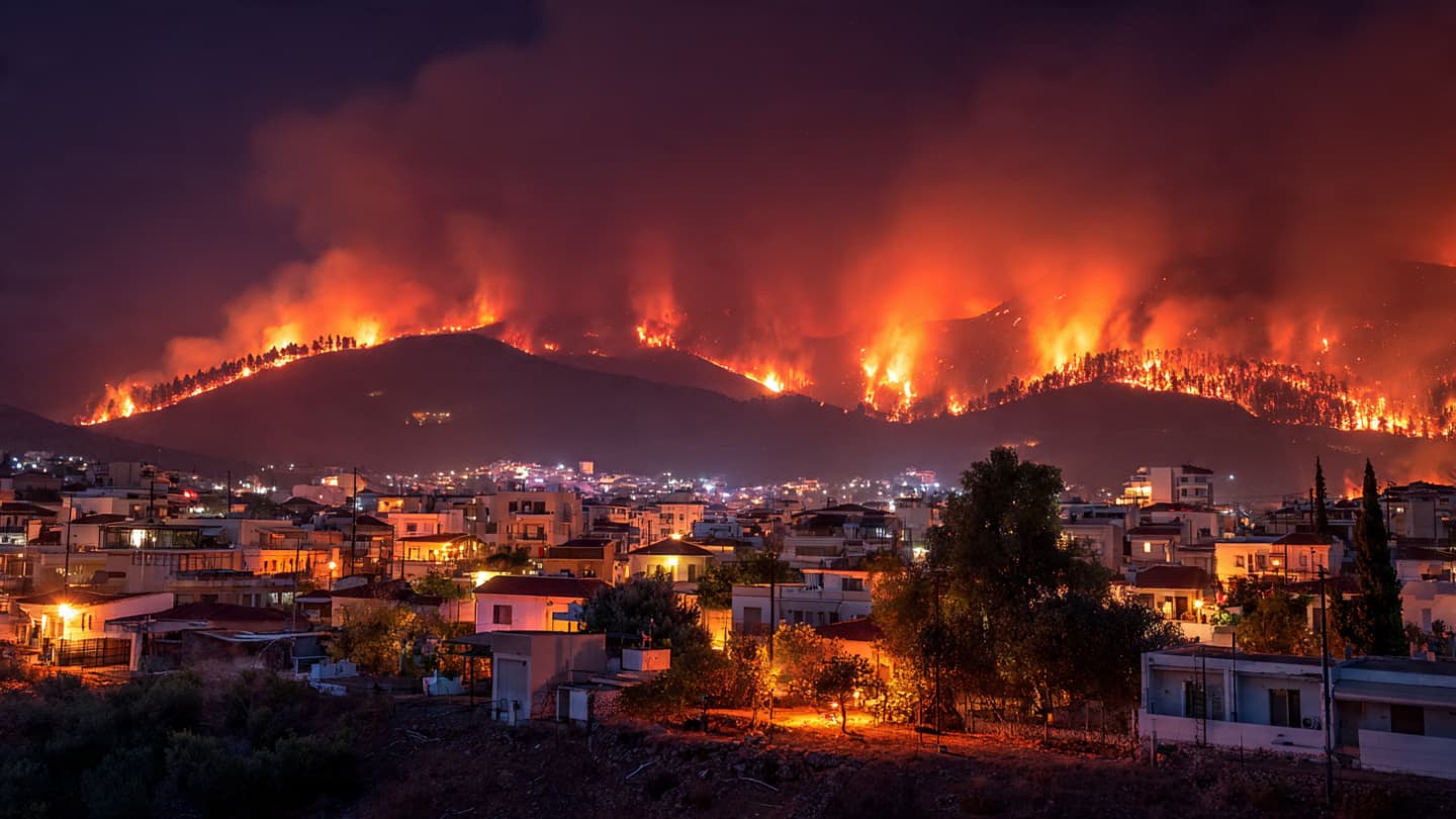 Across the Burning Hills Near Corinth, Smoke Drifted Above Homes Lost Through Nightfall Yesterday