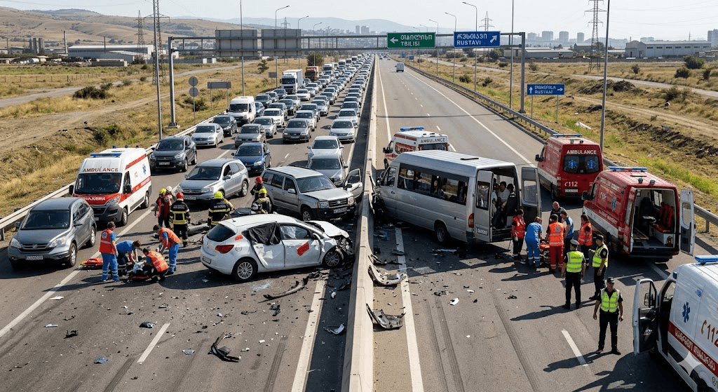 Tragedy on the Commute: 1 Dead, 8 Injured in Violent Multi-Vehicle Crash on Rustavi-Tbilisi Highway Tragedy on the Commute: 1 Dead, 8 Injured in Violent Multi-Vehicle Crash on Rustavi-Tbilisi Highway