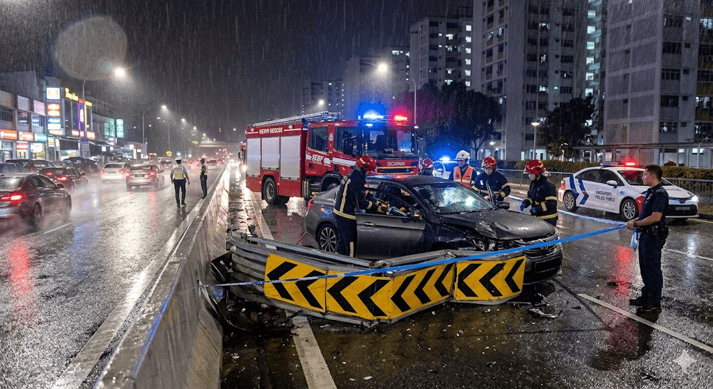 Tragedy in the Rain: Driver Killed After Vehicle Skids and Hits Safety Barrier on Serangoon Road