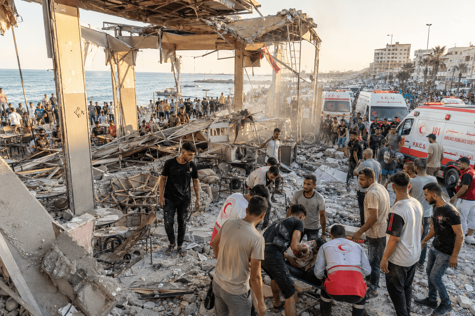 Tragedy at the Coast: 2 Dead, Dozens Wounded as Israeli Air Strike Hits Crowded Gaza Seaport Cafe Tragedy at the Coast: 2 Dead, Dozens Wounded as Israeli Air Strike Hits Crowded Gaza Seaport Cafe