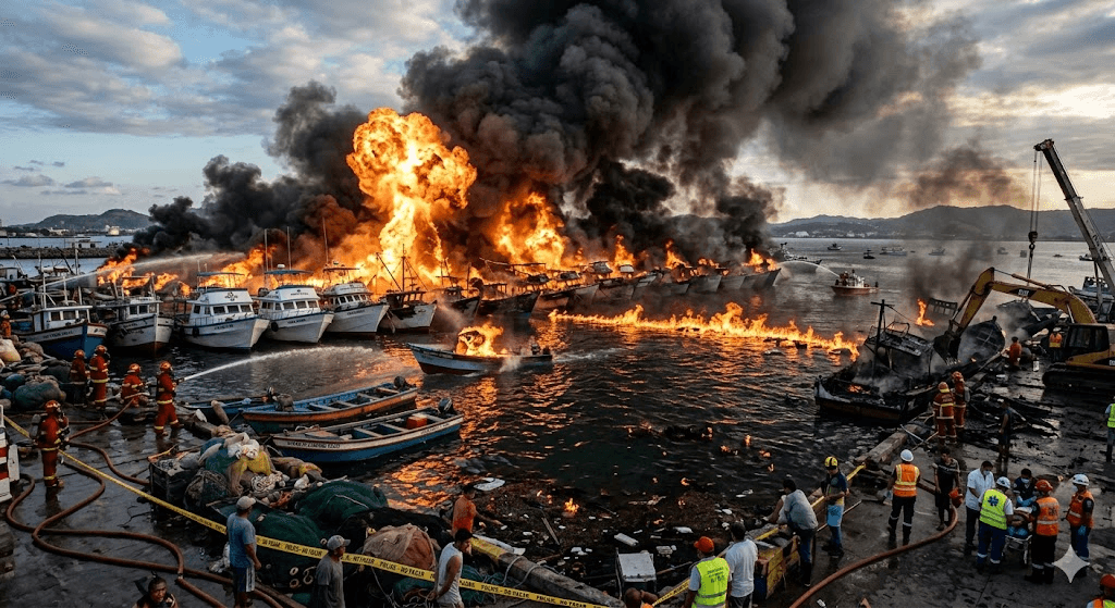 Inferno in Ecuador: 20+ Boats Engulfed and Multiple Injured as Fireballs Erupt at Manta Fishing Port Inferno in Ecuador: 20+ Boats Engulfed and Multiple Injured as Fireballs Erupt at Manta Fishing Port