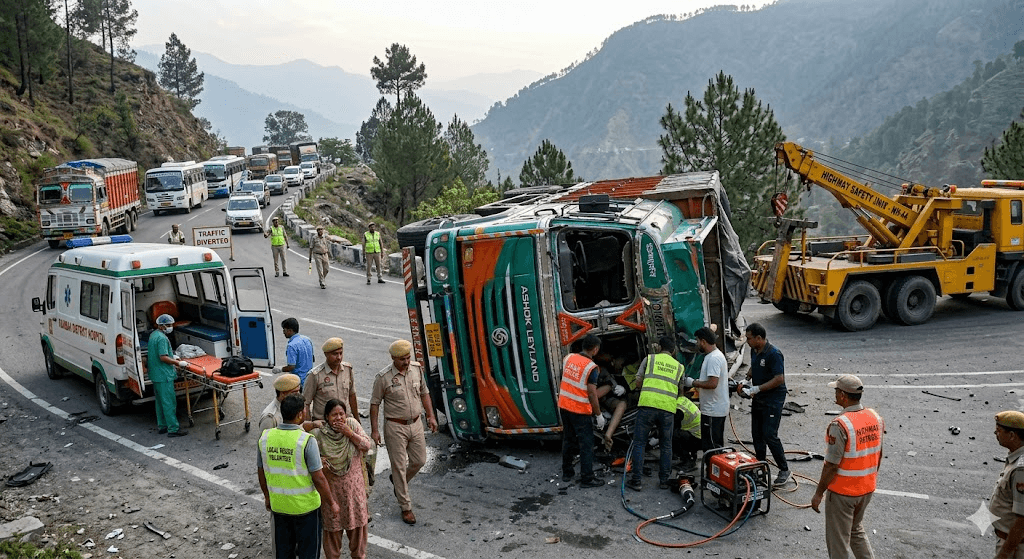 Highway Tragedy: Driver from Pampore Killed as Truck Overturns on NH-44 at Nachlana Highway Tragedy: Driver from Pampore Killed as Truck Overturns on NH-44 at Nachlana