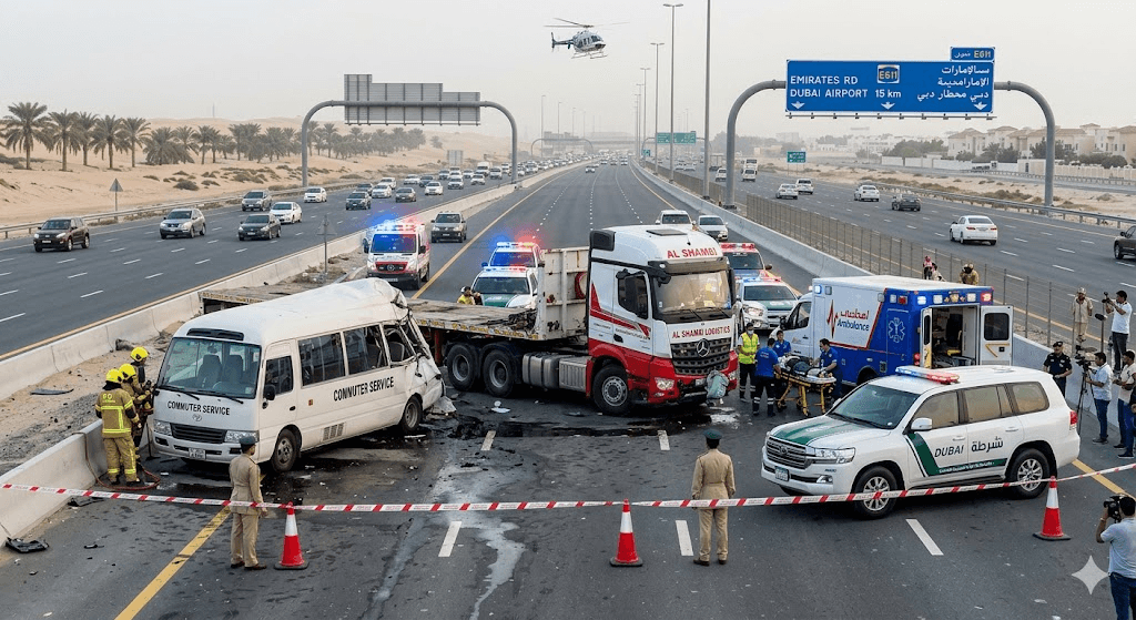 Carnage on Emirates Road: 7 Dead, 9 Injured in Horrific Dubai Minibus and Truck Collision Carnage on Emirates Road: 7 Dead, 9 Injured in Horrific Dubai Minibus and Truck Collision
