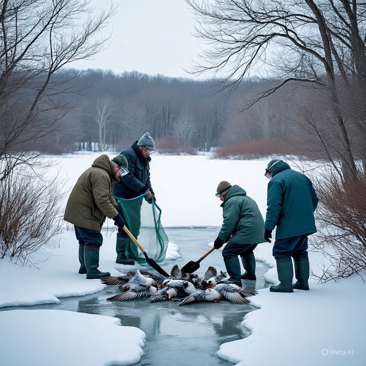 Wildlife officials in protective gear collecting bird carcasses near a frozen lake, Wildlife officials in protective gear collecting bird carcasses near a frozen lake,