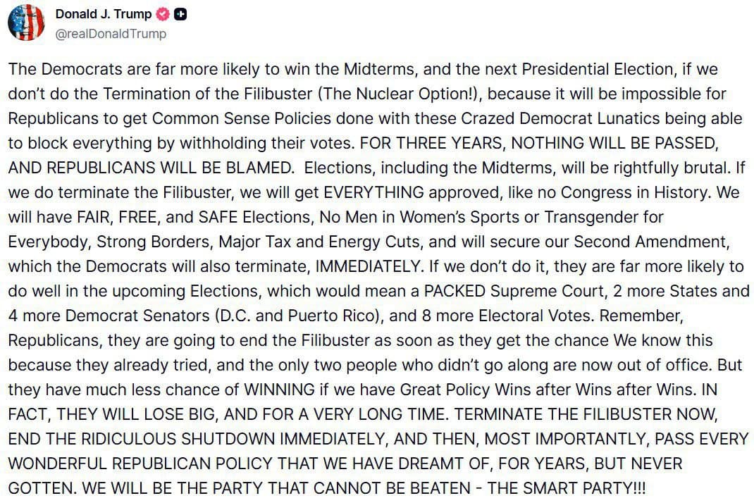 Trump Demands Senate GOP 'TERMINATE' Filibuster: Warns Gridlock Guarantees Democrat Wins in Midterms and 2028 Trump Demands Senate GOP 'TERMINATE' Filibuster: Warns Gridlock Guarantees Democrat Wins in Midterms and 2028