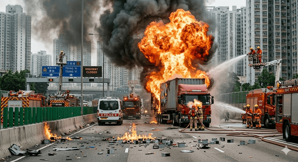 Inferno in Hong Kong: Lithium Battery Truck Erupts into Massive Fireball on Major Highway Inferno in Hong Kong: Lithium Battery Truck Erupts into Massive Fireball on Major Highway