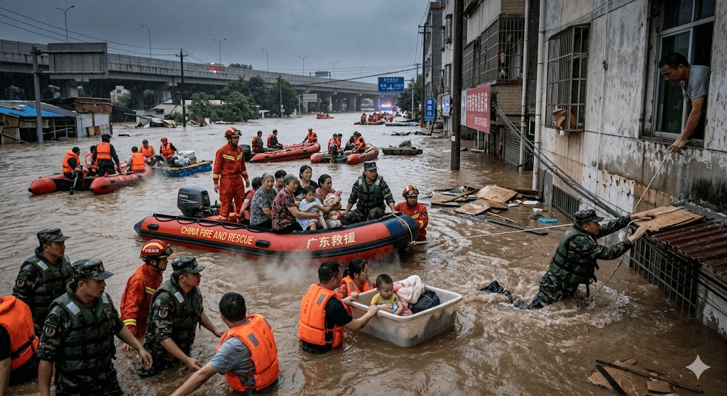 China Floods: Emergency Personnel Dive into Rising Waters to Execute Dramatic Boat Evacuations