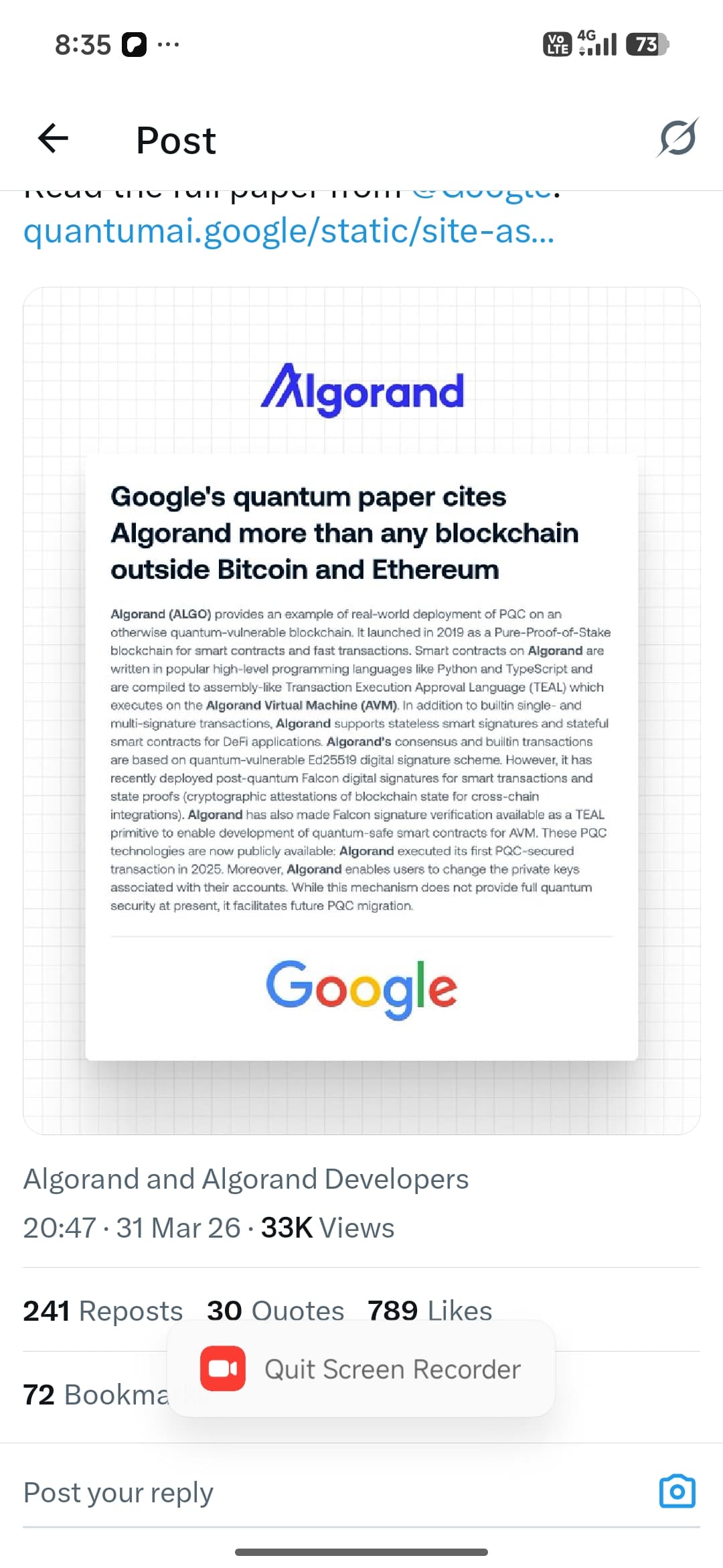 Google's Quantum Paper Crowns Algorand the #3 Blockchain for Post-Quantum Security Google's Quantum Paper Crowns Algorand the #3 Blockchain for Post-Quantum Security