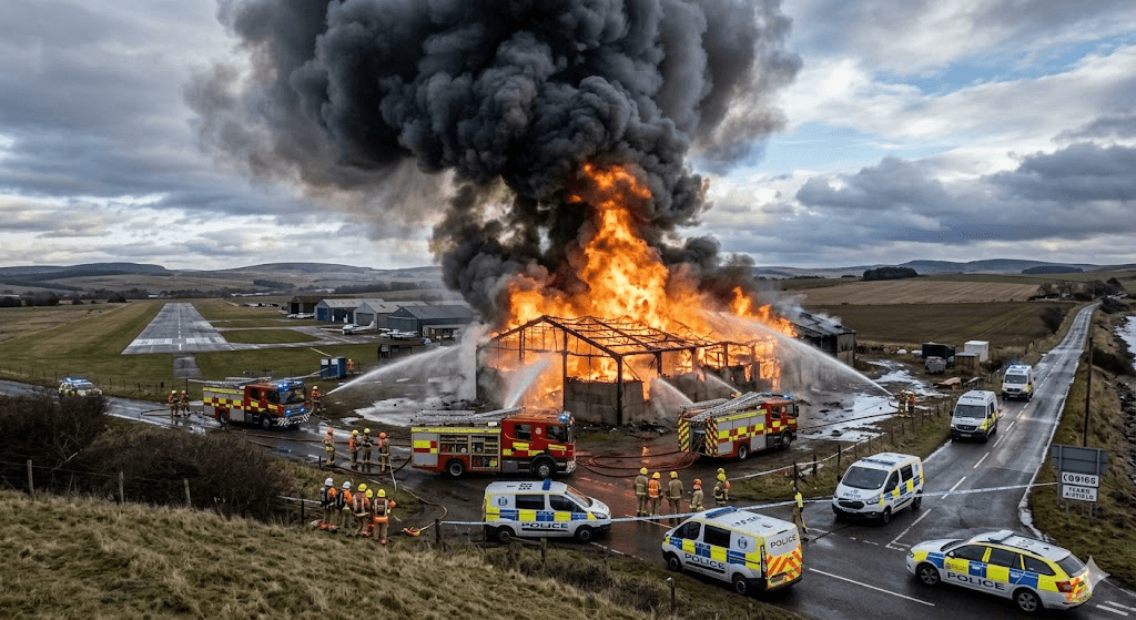 Highland Inferno: Massive Fire Response Mobilized at Fearn Airfield in Easter Ross Highland Inferno: Massive Fire Response Mobilized at Fearn Airfield in Easter Ross