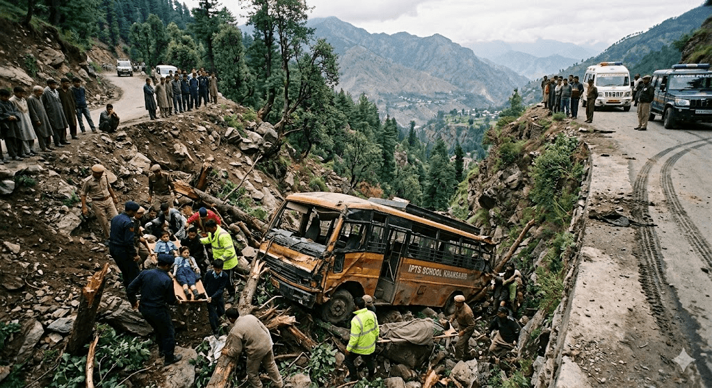 Tragedy in Budgam: School Bus Plunges into Gorge; Driver Killed, Two Students Injured Tragedy in Budgam: School Bus Plunges into Gorge; Driver Killed, Two Students Injured