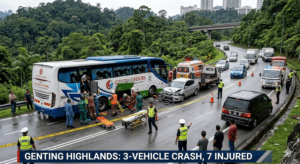 Chaos on the Highlands: 7 Tourists Injured as Tour Bus Overturns in 3-Vehicle Collision.